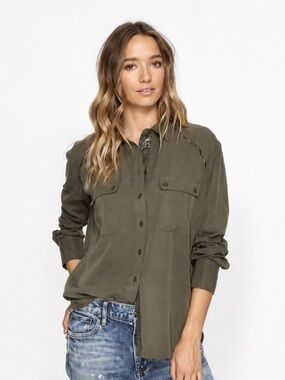 Free People | S | Off Campus Shirt Moss Olive Metallic Army Utility Button Boho